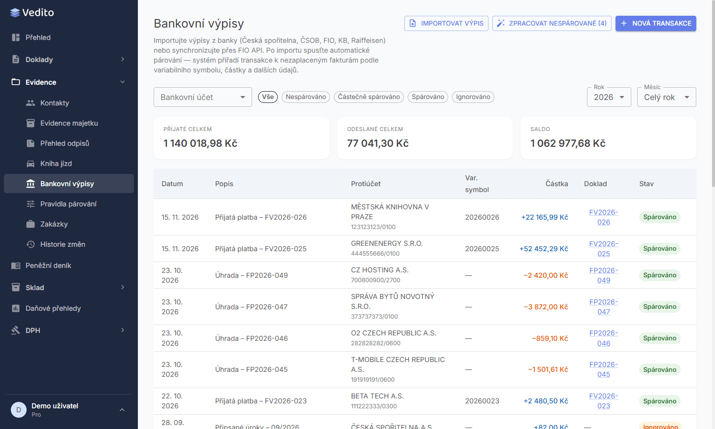 Import bankovních výpisů — párování transakcí
