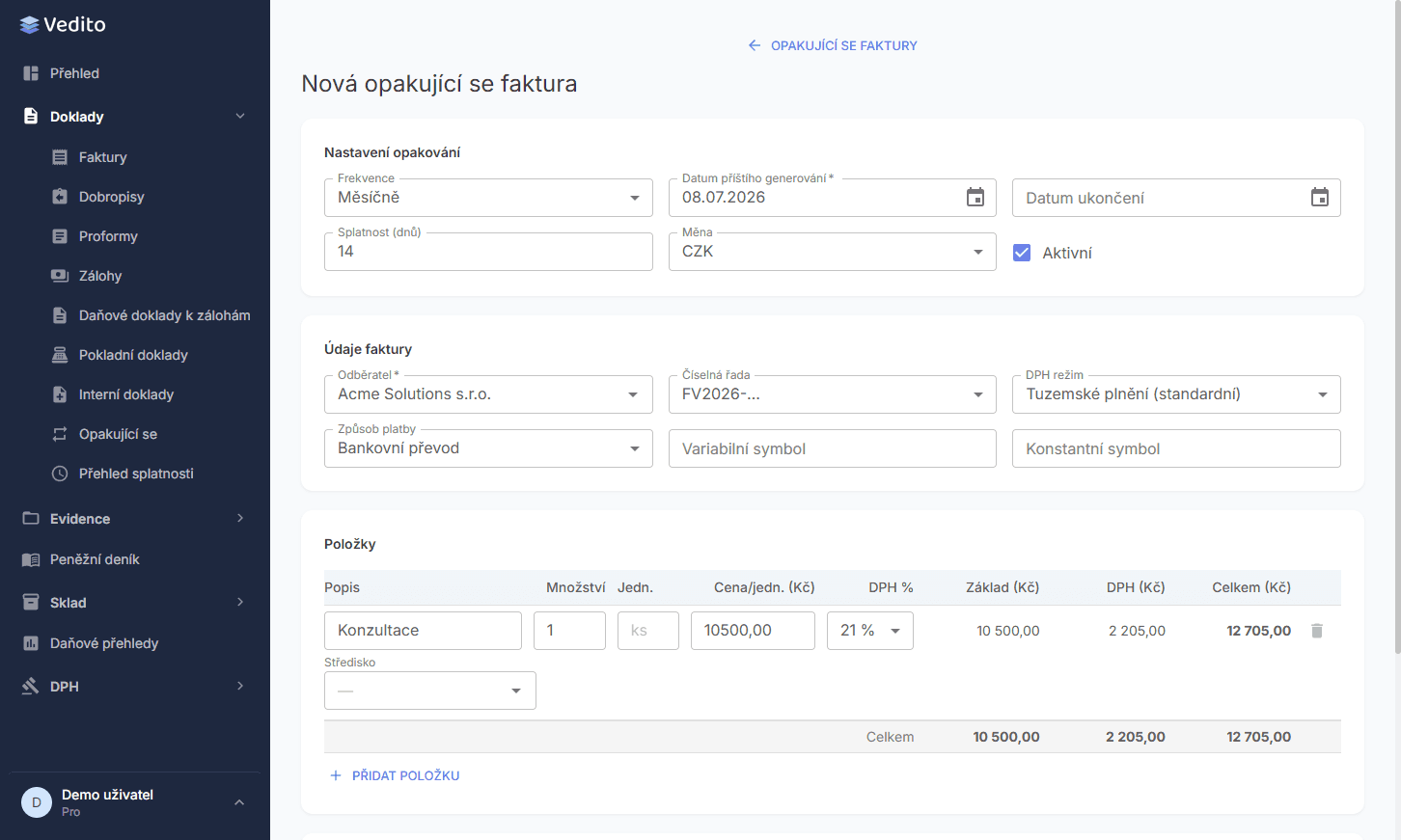 Opakující se faktury — nastavení šablony
